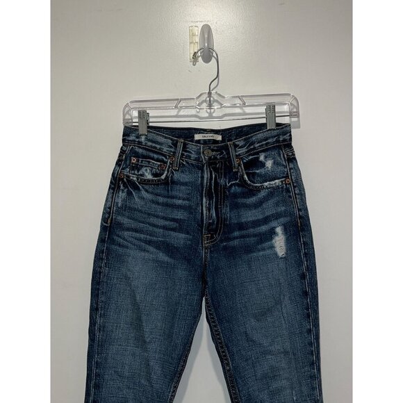 Grlfrnd Blue High-Rise Button-Fly Distressed Look Slim Fit Dark Wash Women's Jea - Picture 2 of 11